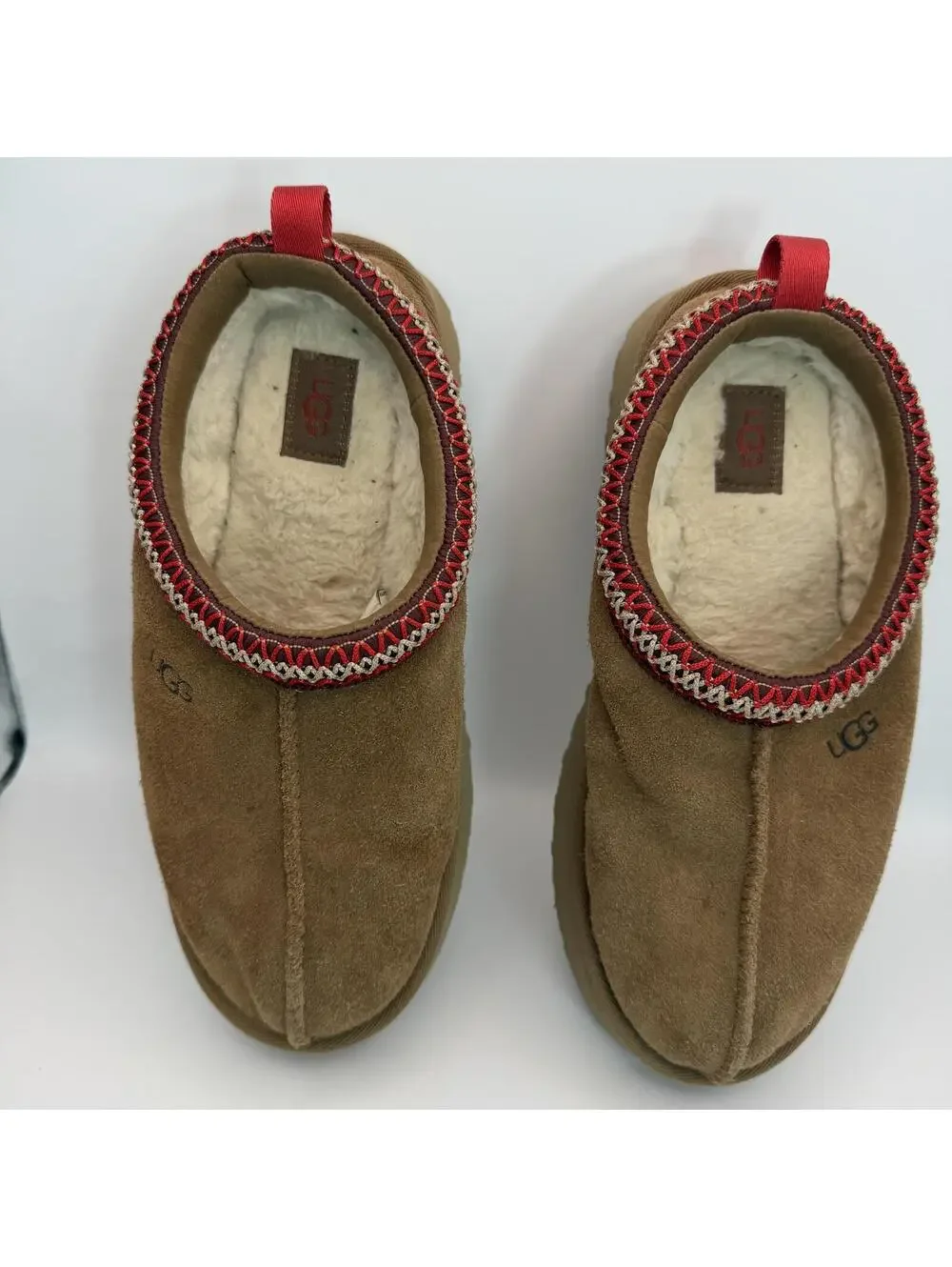 UGG Size 5 Brown Suede Slippers Red Trim Tasman Tazz Braid Shearling - Picture 3 of 7